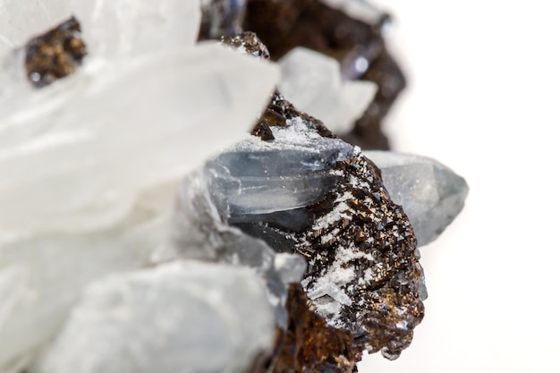 Macro mineral stone Drusus quartz with sphalerite in the rock a white background