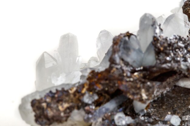 Macro mineral stone Drusus quartz with sphalerite in the rock a white background