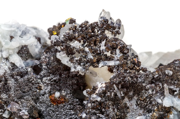 Macro mineral stone Drusus quartz with sphalerite in the rock a white background