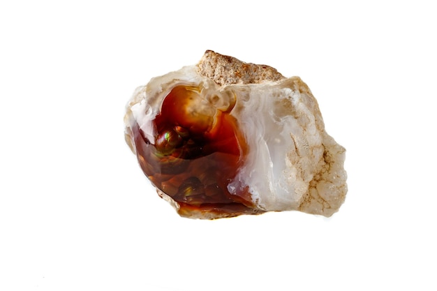 Macro mineral stone fiery Agate on a white background