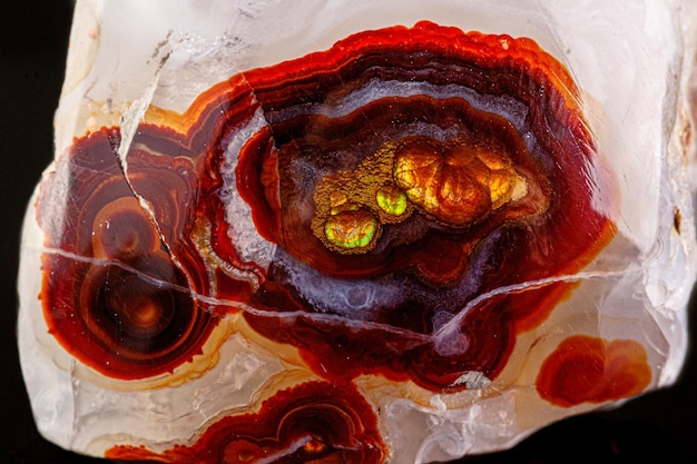 Macro mineral stone fire agate on a black background