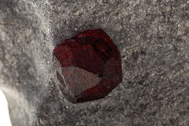 Macro mineral stone Garnet in rock on a white background