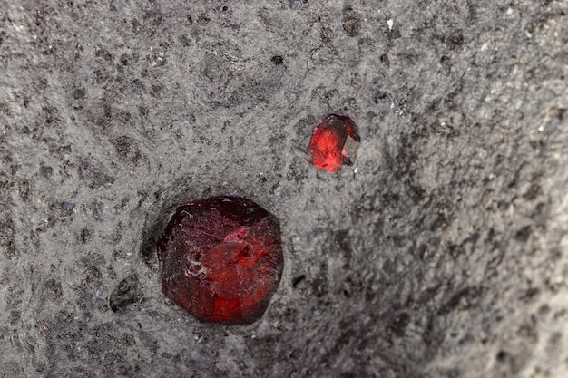 Macro mineral stone Garnet in rock on a white background