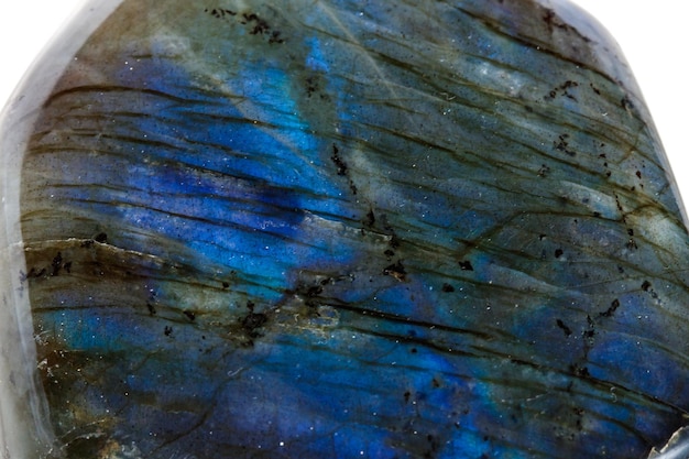 Macro mineral stone Labradorite on white background