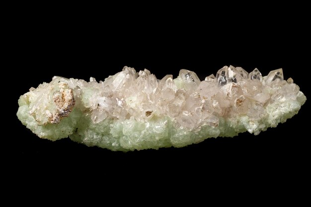 Macro mineral stone Prehnite quartz on a black background