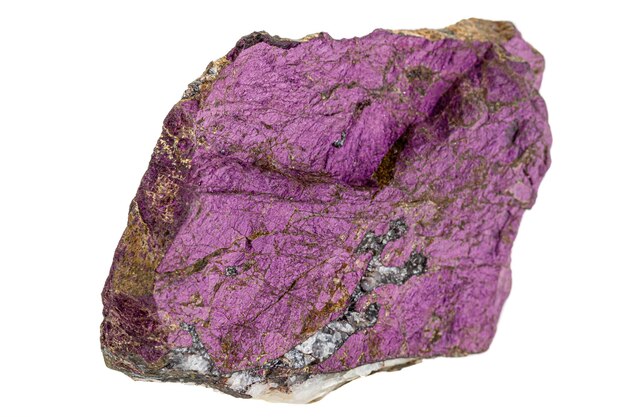 Macro mineral stone purpureus purple purpurite in the breed a white background