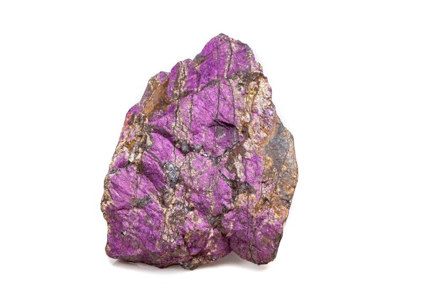 Macro mineral stone purpureus purple purpurite in the breed a white background