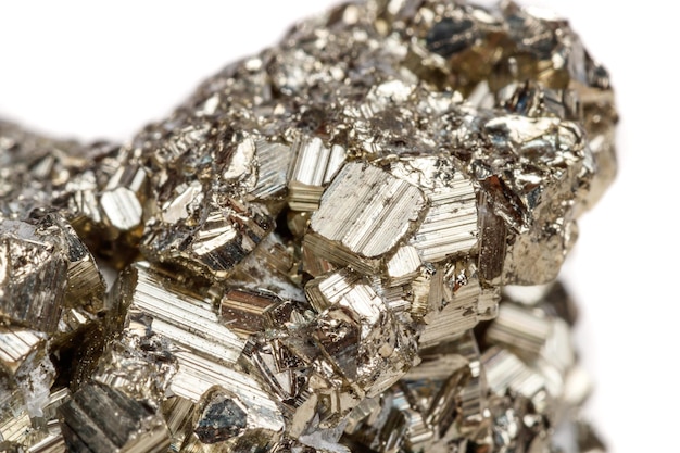 Macro mineral stone Pyrite gold on white background