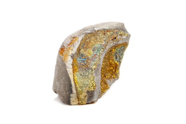 Macro mineral stone Pyrite rainbow on a white background