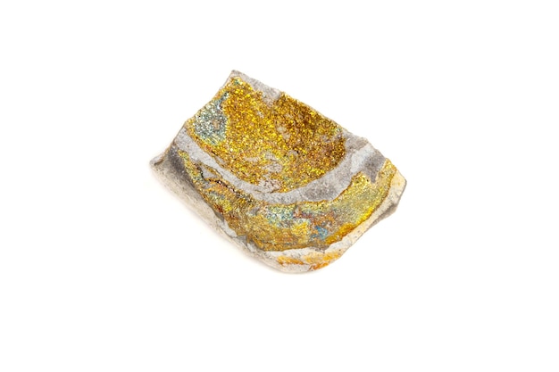 Macro mineral stone Pyrite rainbow on a white background