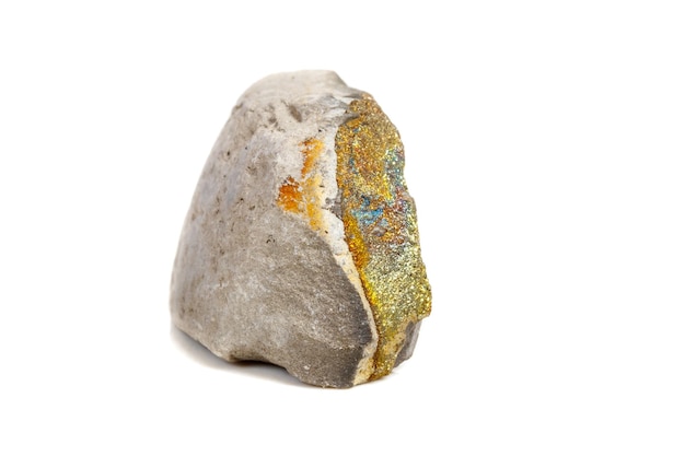 Macro mineral stone Pyrite rainbow on a white background