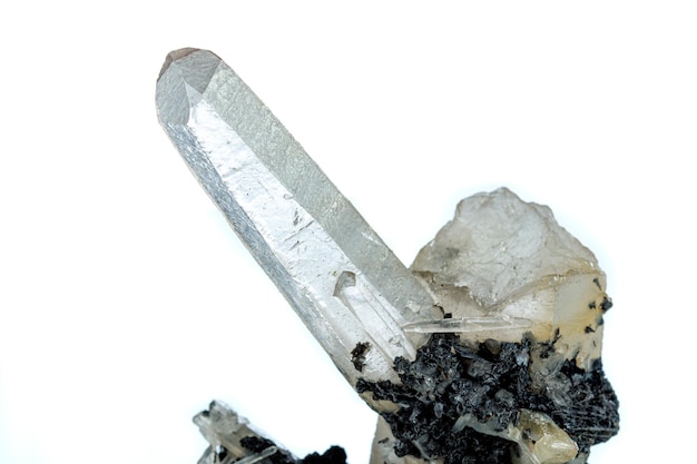 Macro mineral stone quartz on a white background