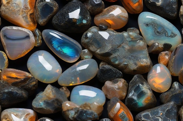 Macro mineral stone rare and beautiful opals on a black background