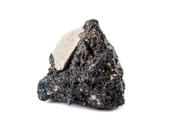 Macro mineral stone Schorl Black Tourmaline on a white background