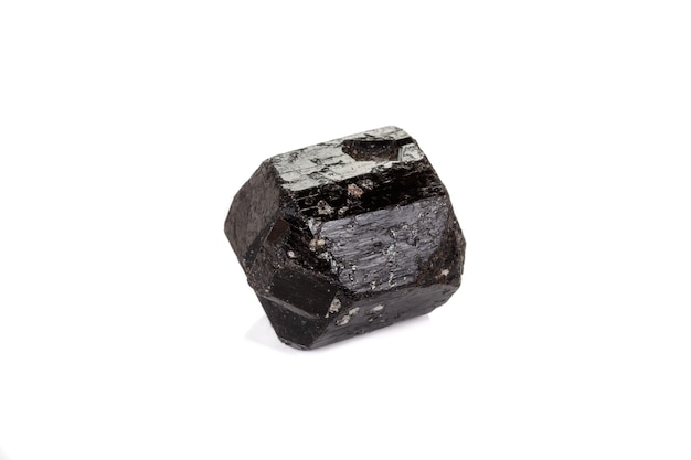 Macro mineral stone schorl black tourmaline on white background