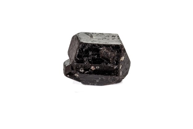 Macro mineral stone schorl black tourmaline on white background