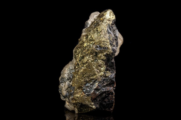 Macro of a mineral stone Sphalerite with fluorite and pyrite on a black background close up