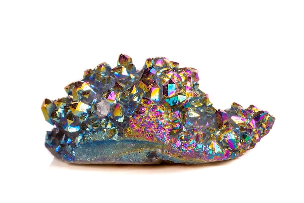 Macro mineral stone Titanium Quartz Flame Aura Quartz on a white background