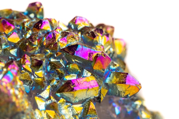 Macro mineral stone Titanium Quartz Flame Aura Quartz on a white background