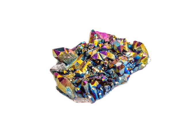 Macro mineral stone Titanium Quartz Flame Aura Quartz on a white background