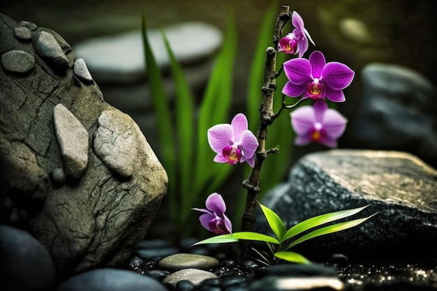 Macro of narrow bamboo grove on stones with an orchid