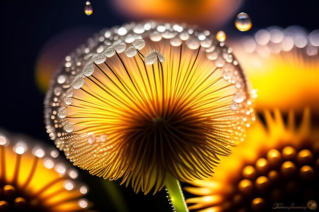 Macro nature Beautiful dew drops on dandelion seed macro Beautiful soft background