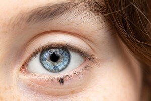 Макрос голубого глаза кавказской девушки с черной слезой, нарисованной макияжем