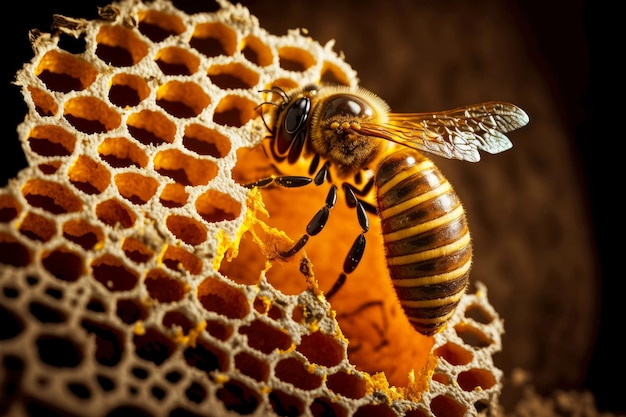 Macro-opname van een bijenkorf op plakjes honingraat met een kolonie wild