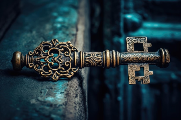 Macro-opname van een oude sleutel in een sleutelgat, met een gotische stijl die de sleutel tot kennis vertegenwoordigt
