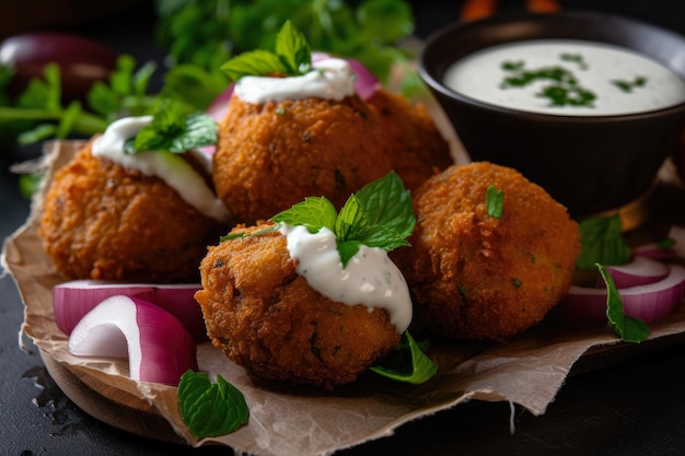 Macro-opname van knapperige falafelhapjes geserveerd met een pittige tzatziki-saus en gegarneerd met gesneden rood