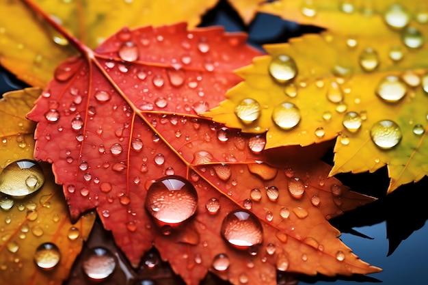 Macro-opname van regendruppels op kleurrijke herfstbladeren