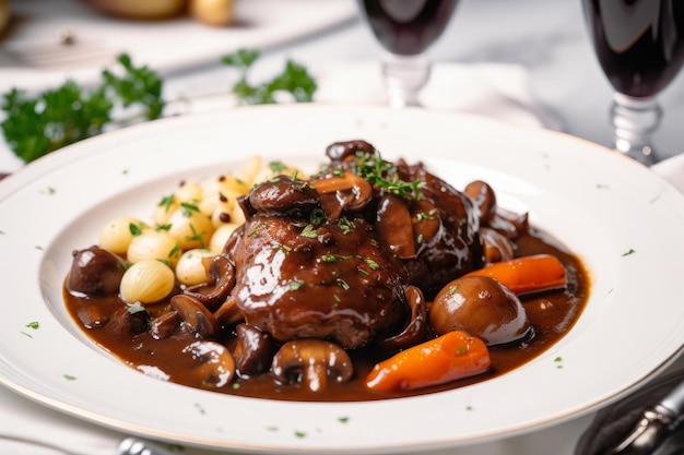 Macro-opname van sappige Coq au Vin, een traditioneel Frans gerecht met een rijke rode wijnsaus