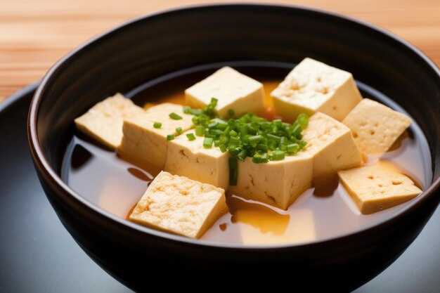 Foto macro-opname van stukjes tofu in de misosoep