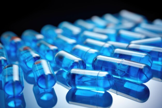 파란 알약이 들어 있는 의약품 팩의 매크로