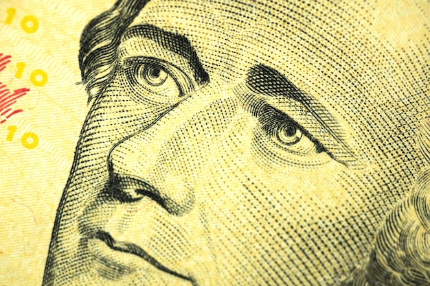 Macro photo of alexander hamilton on 10 dollar bill, eyes\
close-up