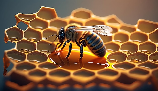 Macro photo of a bee hive on a honeycomb with copy space