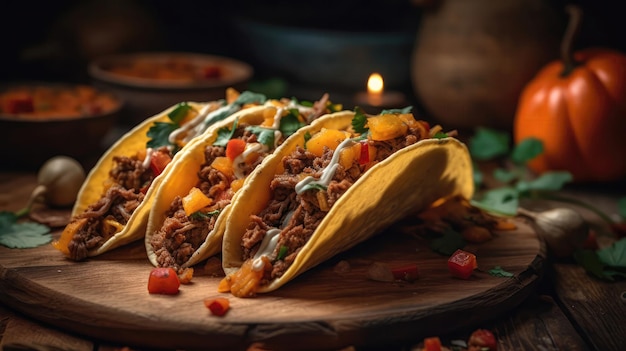 Macro Photo Beef Tacos On Stone Rustic Pub Generative AI