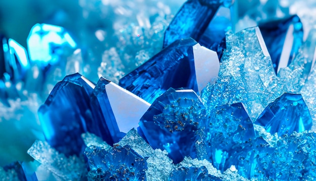 Macro photo of blue crystals with glass texture