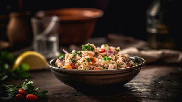 Macro Photo Ceviche On Stone Rustic Pub Generative AI