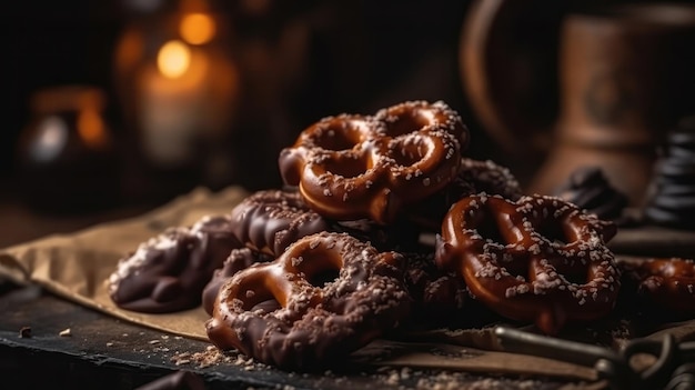 Macro Photo Chocolatecovered Pretzels On Stone Rustic Pub Generative AI