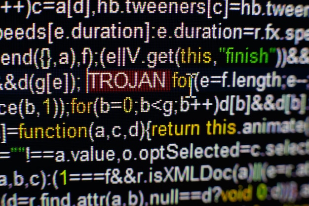 Macro photo of computer screen with program source code and highlighted trojan inscription in the