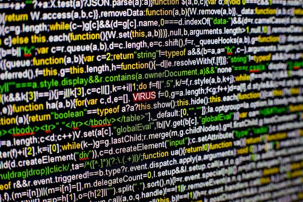 プログラムのソースコードと強調表示されたウイルスの碑文とコンピューター画面のマクロ写真