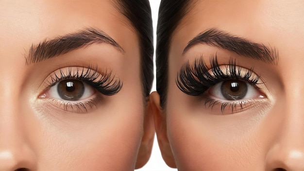 Macro photo of female eye before and after eyelash extension
