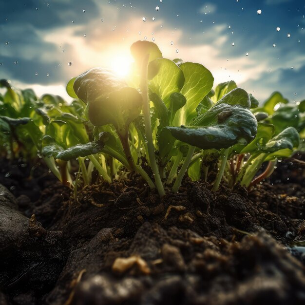 Macro photo of fresh greens in a bed of fields generative ai