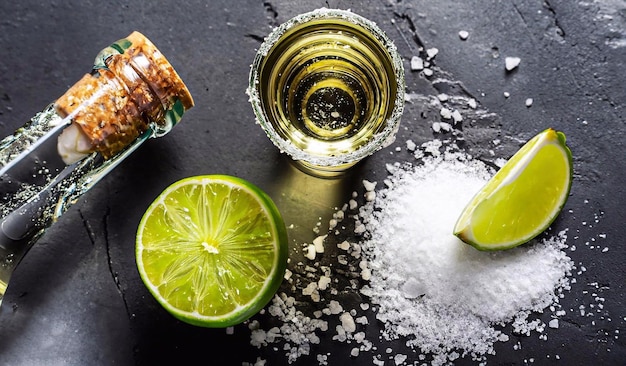 Macro photo glasses and bottle of tequila with sliced lime and sprinkled sea salt on blackjpg