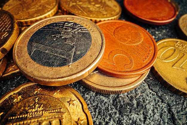 Macro photo of golden Euro cent coin close up