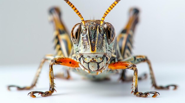 A macro photo of a grasshoppers face