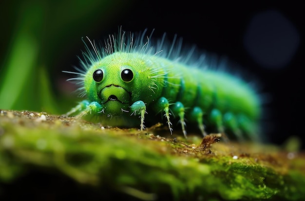 Макро фото зеленой гусеницы