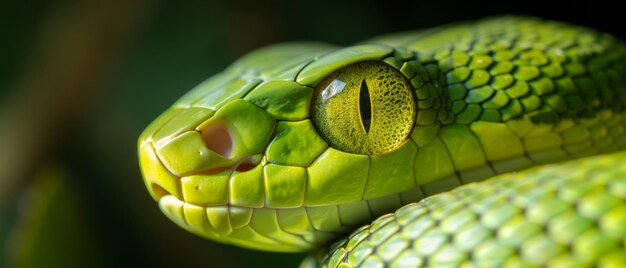 緑色のヘビの眼のマクロ写真