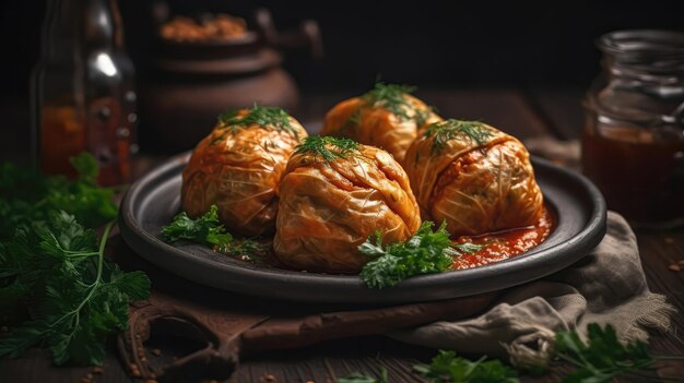 Macro Photo Holubtsi Stuffed Cabbage Rolls On Stone Rustic Pub Ukrainian Dishes Generative AI